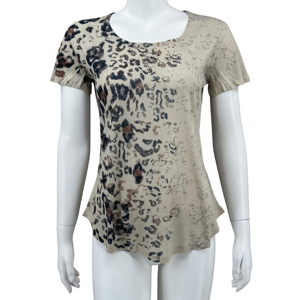 One‎ World Top Womens Small Beige Animal Print Short Sleeve Embellished Casual
